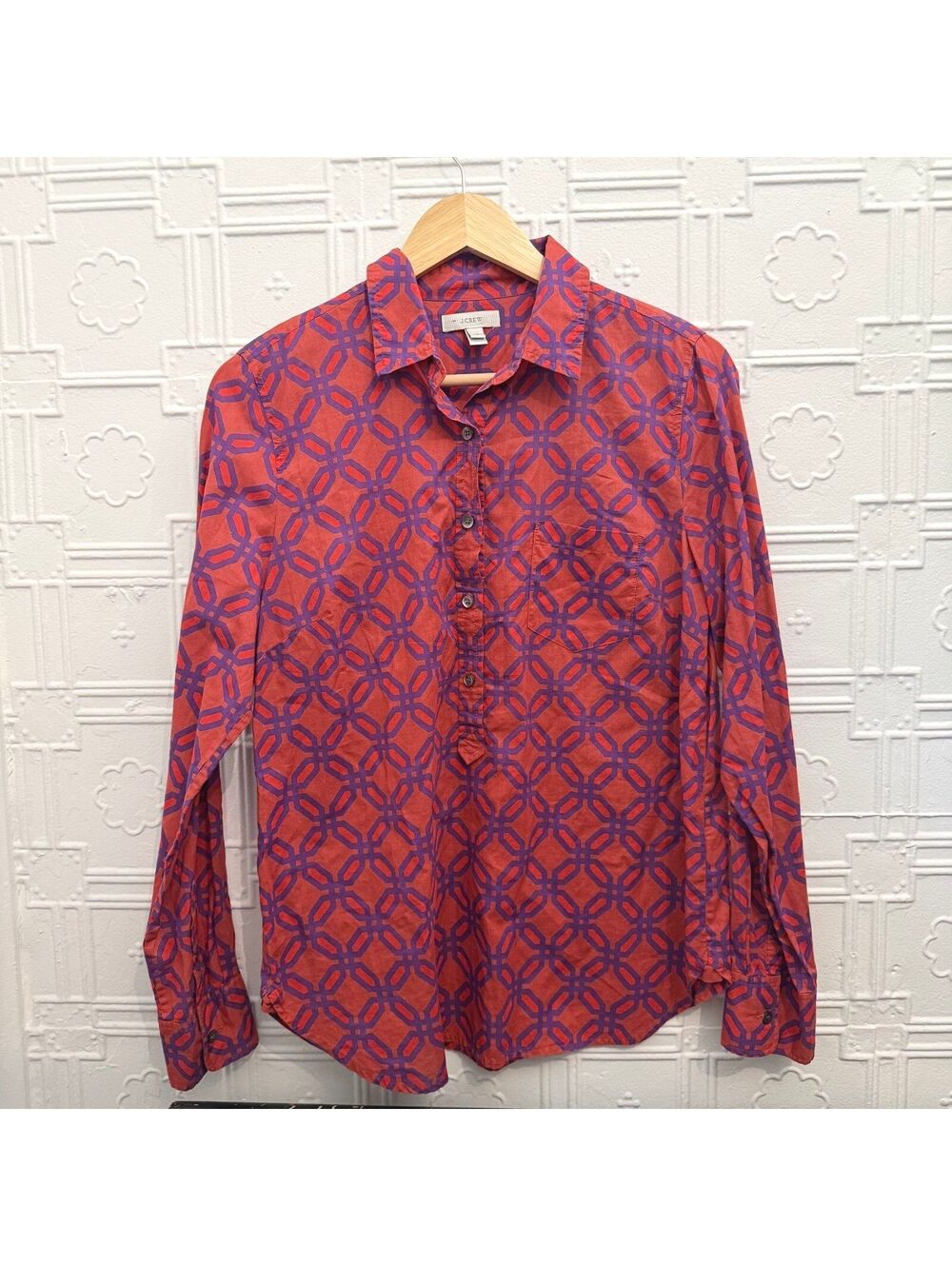 J.Crew Womens Size 10 Cotton Button Down Shirt Red Purple Geometric Print Top